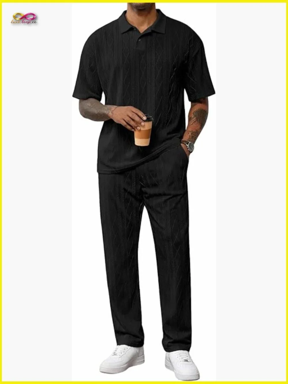 Mens Two Piece Outfits Short Sleeve Polo Shirts & Loose Pants Sets Casual